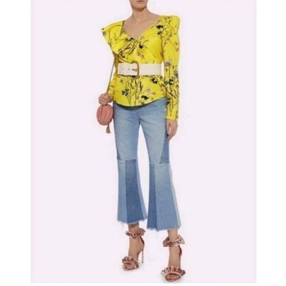 FRAME Hurley Crop Flare Jeans Blue Patchwork Mid
Rise Raw Hem Light wash Sz 27